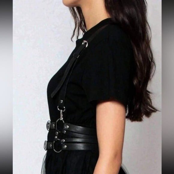 PU Leather Suspender Circle Buckle Harness Belt - Picture 3 of 10